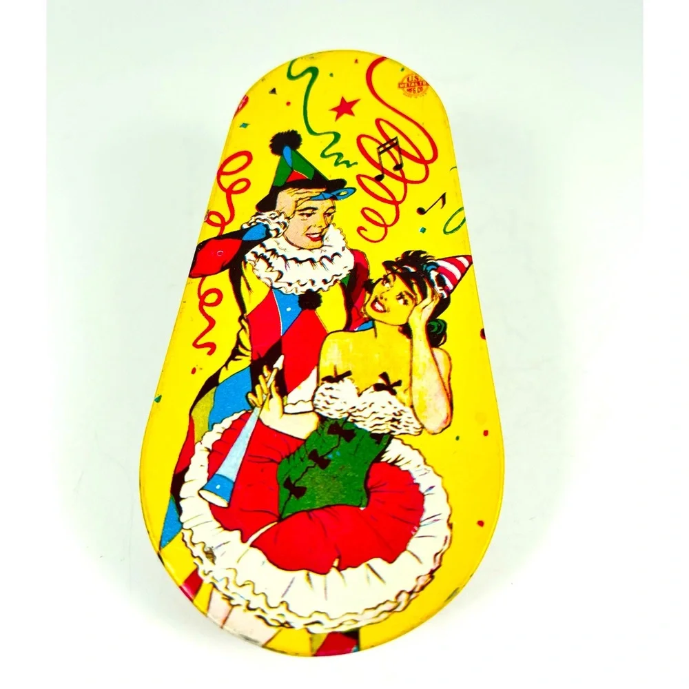Vintage Tin Litho Toy Party Noise Maker Jester Clown Man Woman New Years Eve